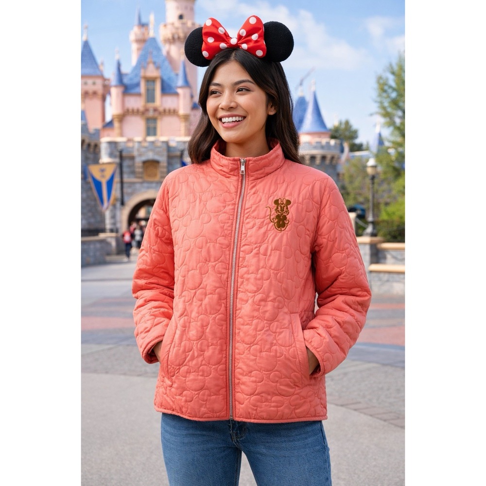 Disney Parks Mickey Quilted Puffer Jacket Coral‎ Pink Disneyland Size L